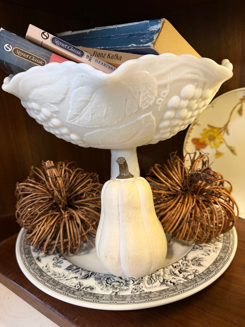 Vintage milk glass grape pattern pedestal compote bowl